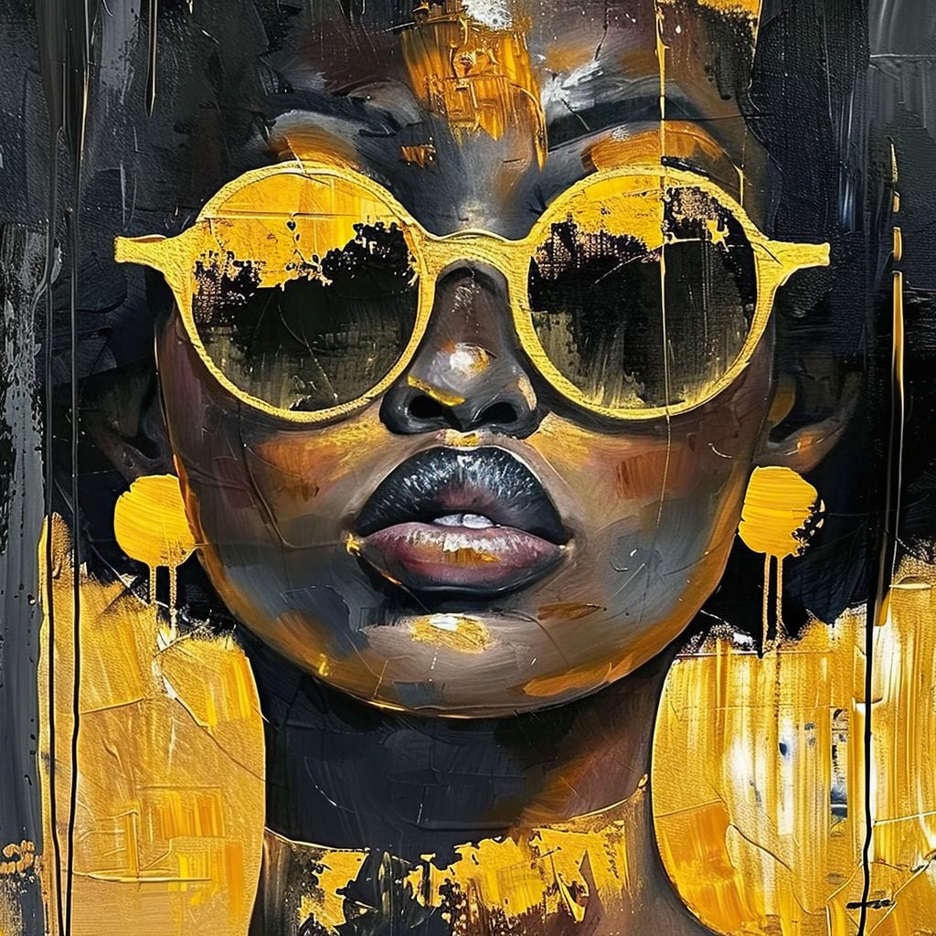 Tablou Canvas Premium LuxCanva® G1014, O Zeita Moderna , Afro, Urban, Modernitate, Galben, Ochelari de Soare, Stil, Living, Dormitor, Culori vibrante