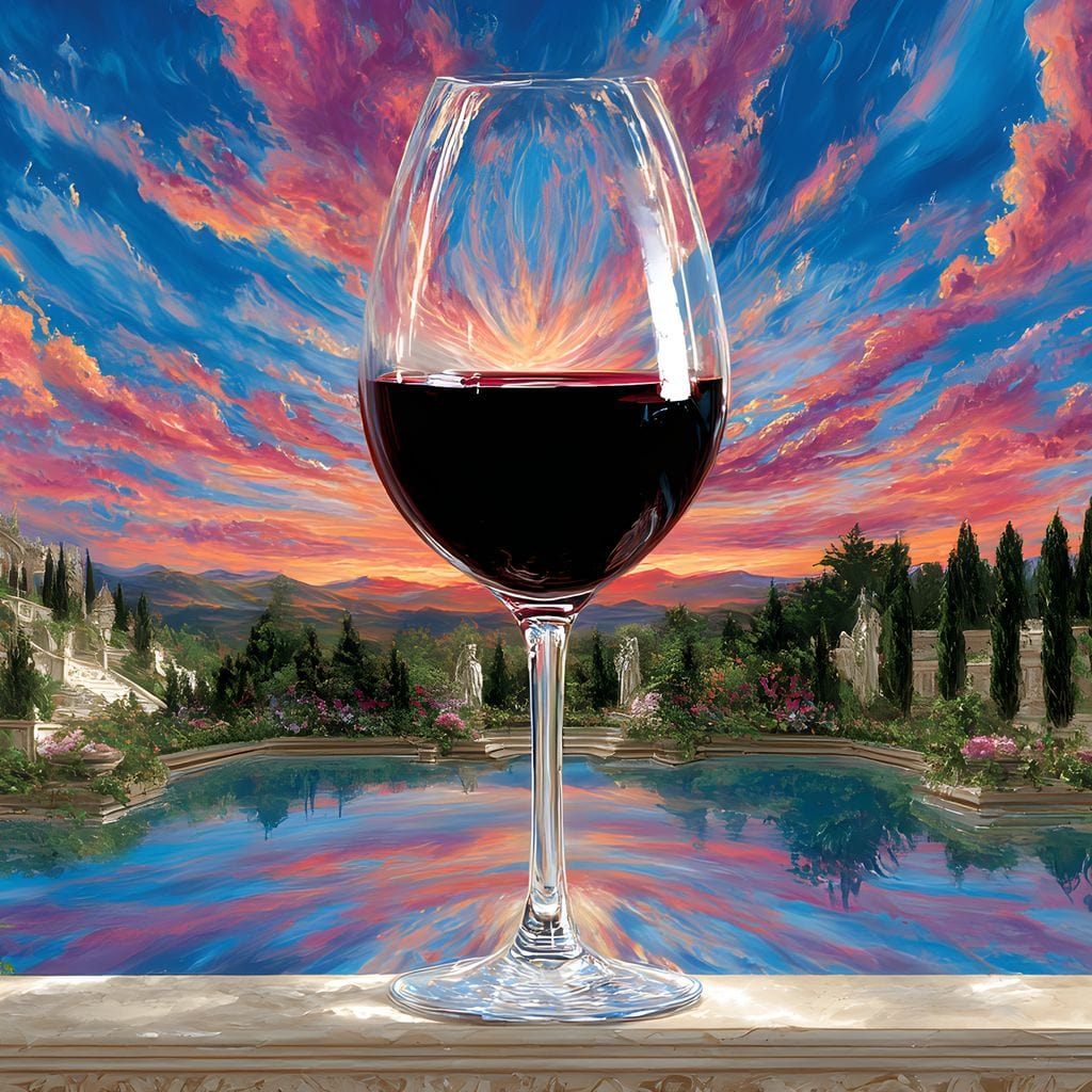 tablou canvas cu un pahar de vin rosu, pe fundal cu apus de soare si monumente istorice