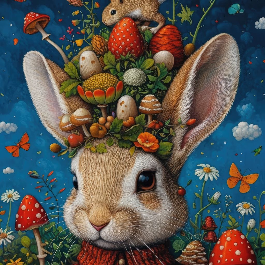 Tablou Canvas Premium, LuxCanva® K1006, Iepurasul Si Gradina Magica, Padurar, Palarie, Fermecata, Print, Padure, Ciupercute, Norisori, Capsuni, Basm, Decor, Camera Copii