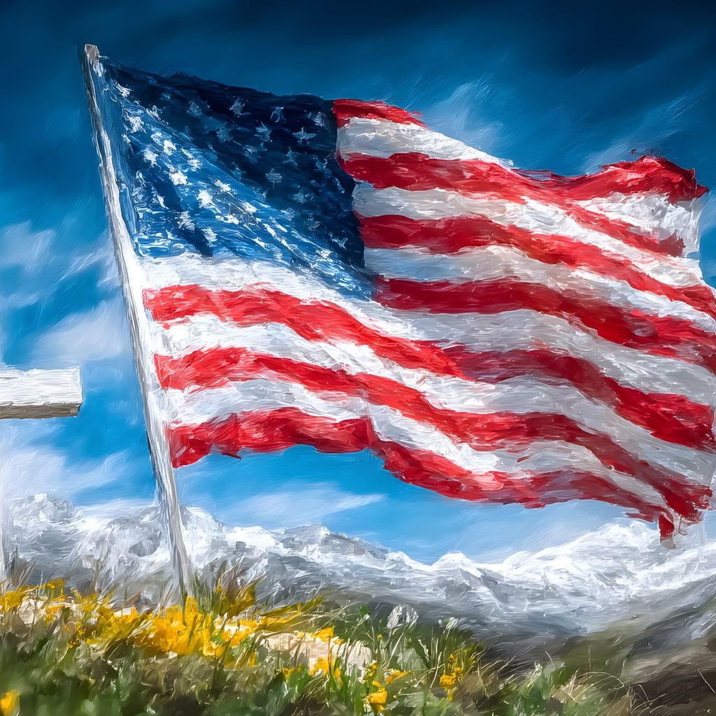 tablou canvas cu steagul american fluturand langa o cruce alba pe fundal de cer albastru si peisaj montan