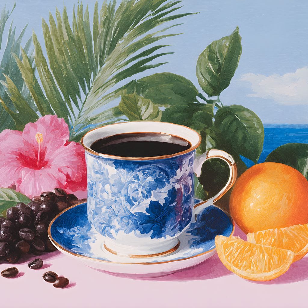 tablou canvas cu o ceasca de cafea, o portocala si boabe de cafea, pe o masa roz cu flori si frunze, pe fundal exotic cu o barca pe apa