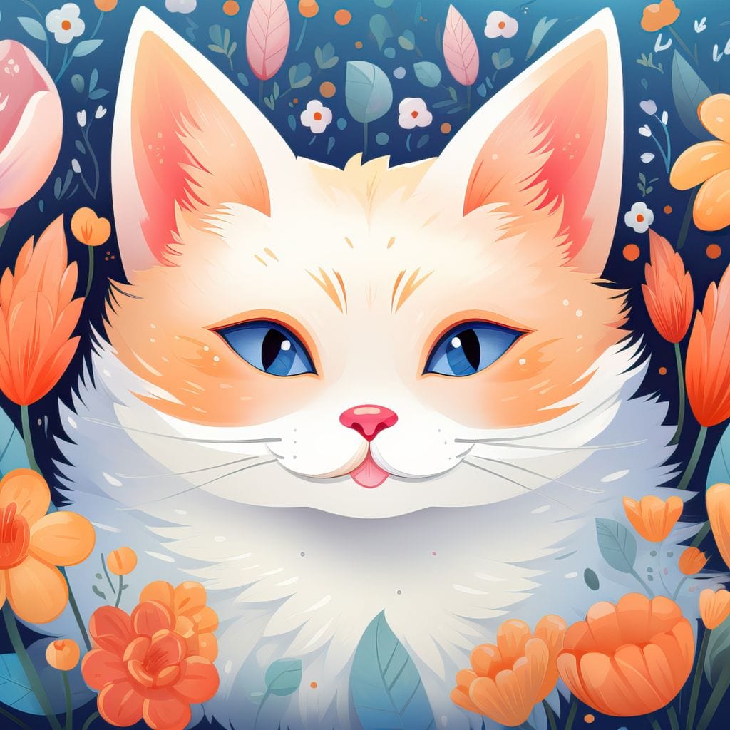 Tablou Canvas Premium, LuxCanva® K1011, Pisicuta Fermecatoare, Regina, Flori, Petale, Privire, Blanita, Pufosenie, Inflorat, Felina, Mustati, Camera Copii