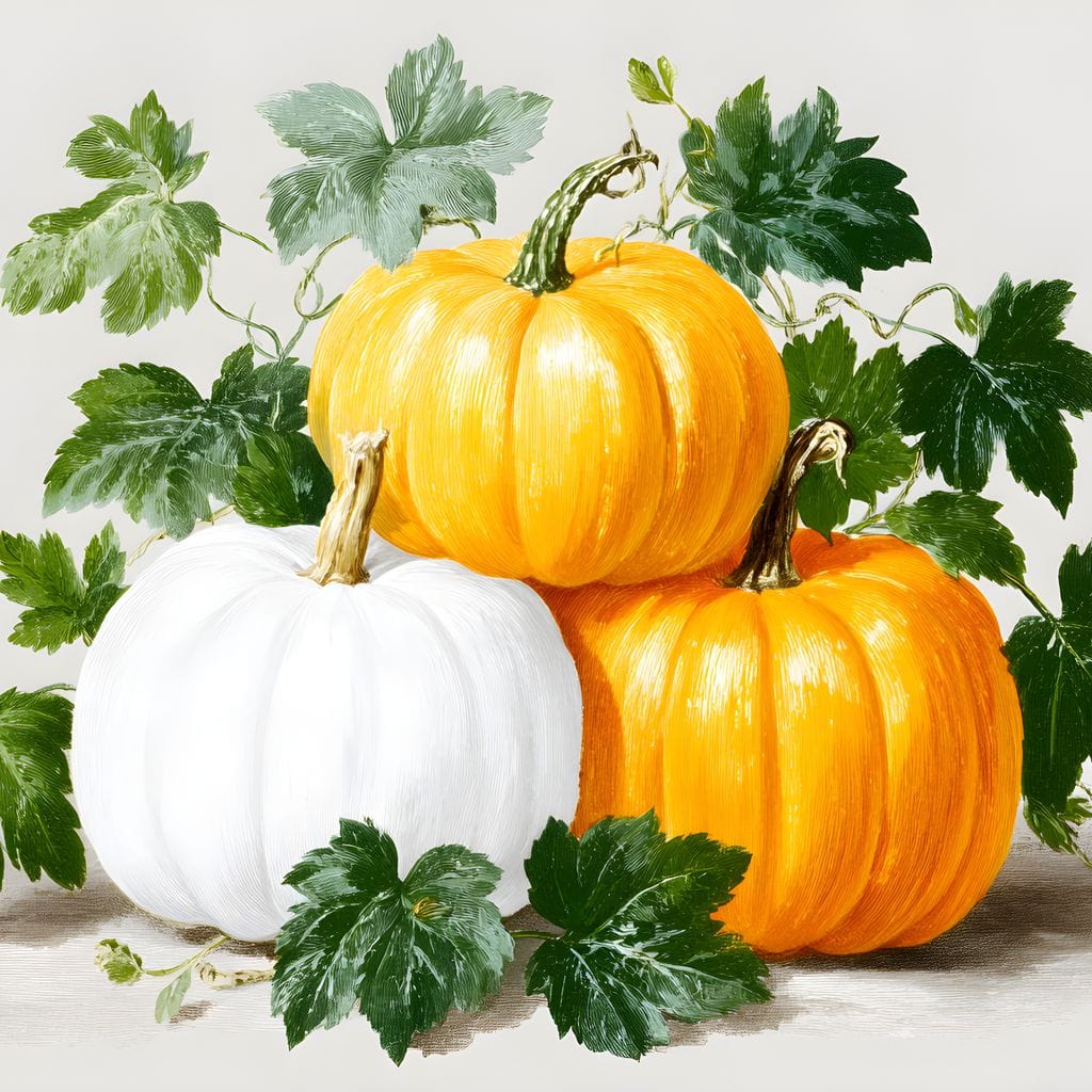 tablou canvas cu trei dovleci cu frunze, pe fundal alb