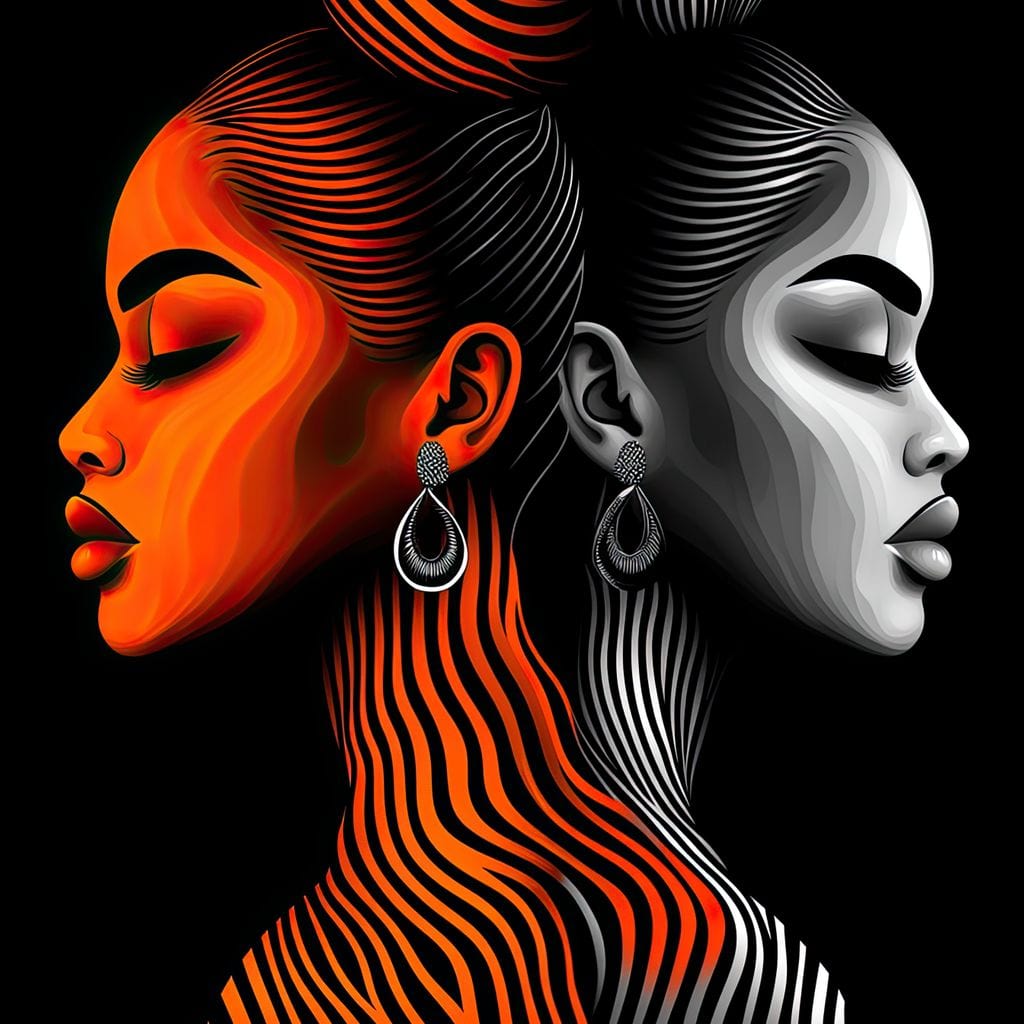 Tablou Canvas Premium, LuxCanva® G1161, Yin si Yang Feminin, Dualitate, Fete, Frumusete, Foc, Gheata, Opozitie, Dubla, Identitate, Lumini, Umbre, Stilizat, Armonie, Birou, Living, Dormitor