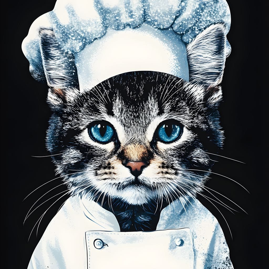 tablou canvas cu o pisicuta cu ochi albastri imbracata in bucatar, pe fundal clasic negru  