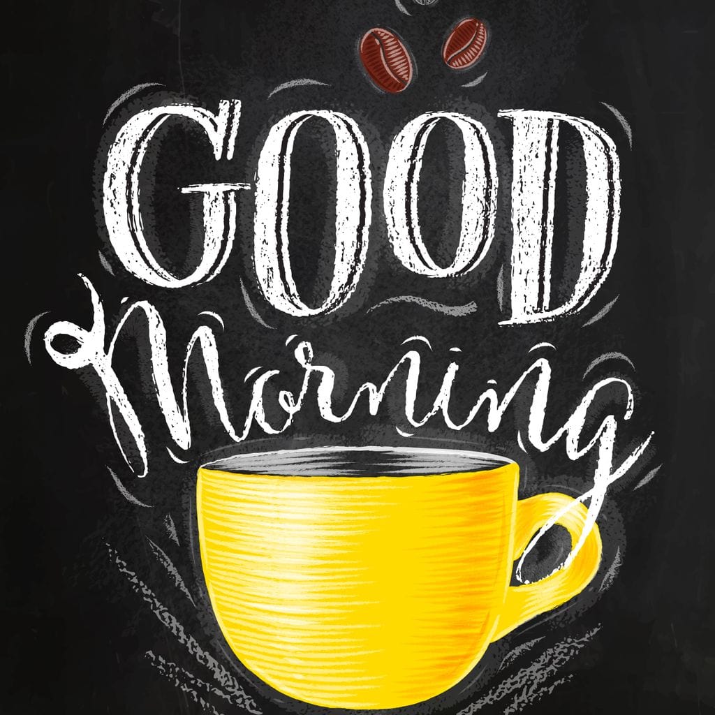 tablou canvas cu o ceasca de cafea galbena, un mesaj text alb pe fundal negru