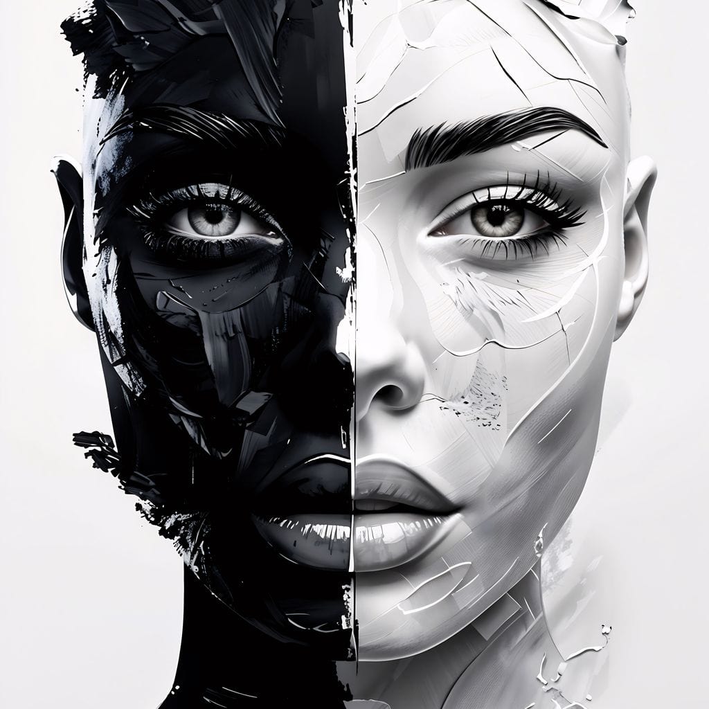 Tablou Canvas Premium, LuxCanva® G1163, Doua Fete, Un Suflet, Dualitate, Alb, Negru, Monocrom, Yin, Yang, Lumina, Impact, Negura, Armonie, Chipuri, Femei, Inima, Birou, Living, Dormitor