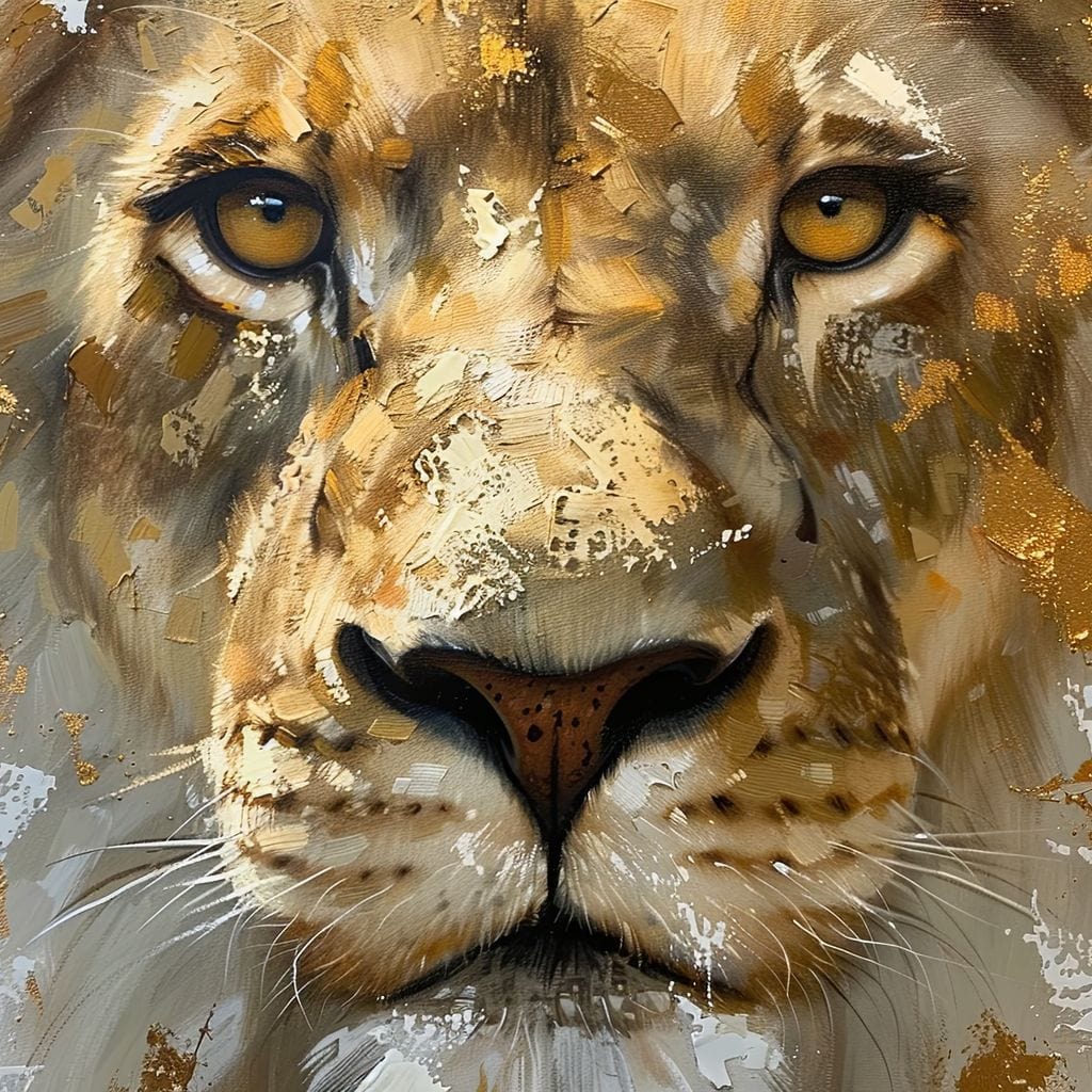 tablou canvas cu un chip de leu redat in culori calde si accente aurii, pe fundal abstract deschis