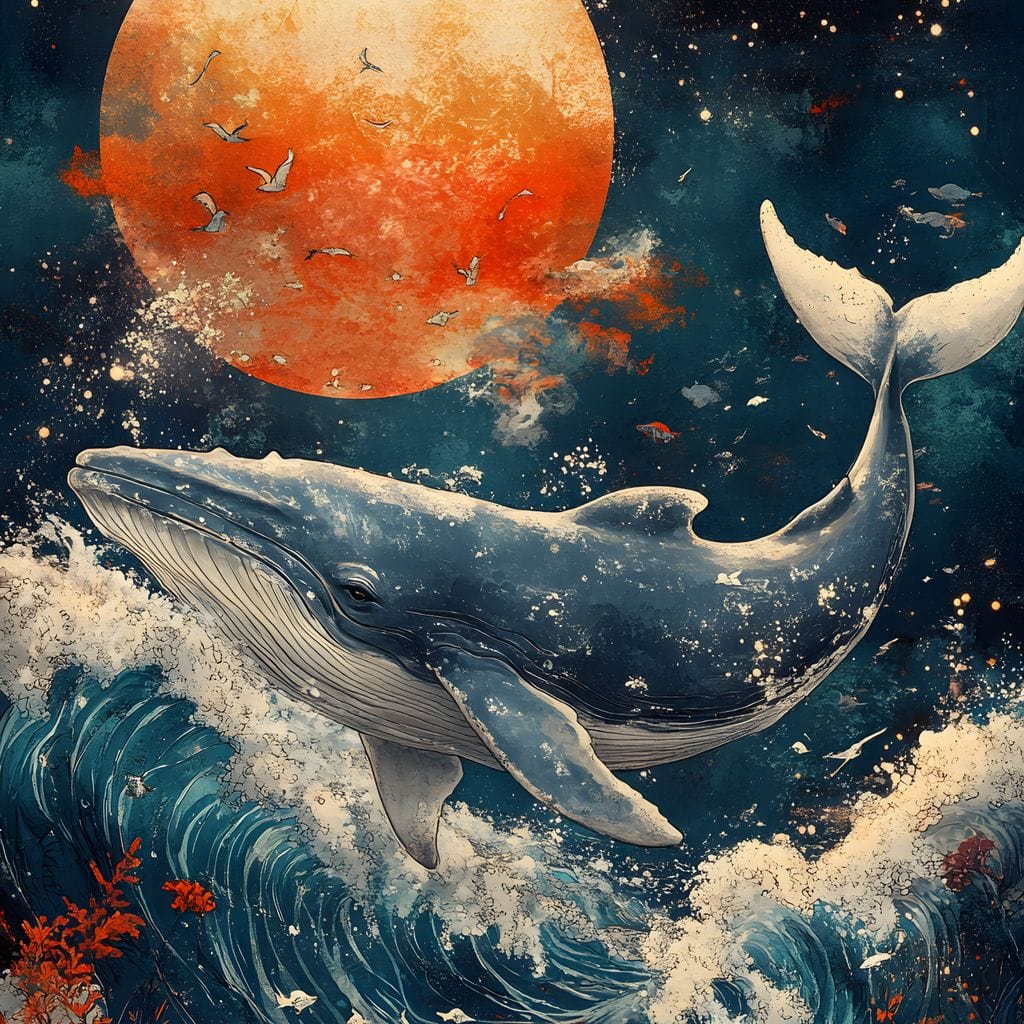 tablou canvas cu o balena in oceanul albastru cuprins de valuri, sub Luna plina rosie pe cer instelat