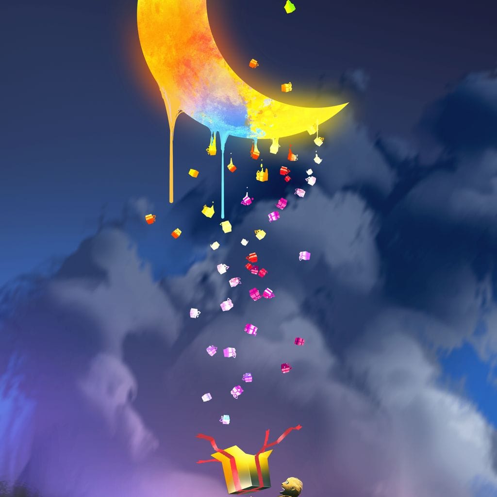 Tablou Canvas Premium, LuxCanva® K1001, Luna Care Daruieste, Curcubeu, Cer, Magie, Cutie, Copil, Ploaie, Stele, Noapte, Daruire, Stelar, Vis, Imaginatie, Camera Copii