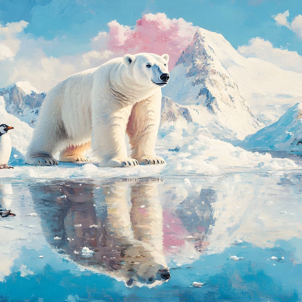 tablou canvas cu un urs polar si un pinguin pe un ghetar intr-un peisaj arctic