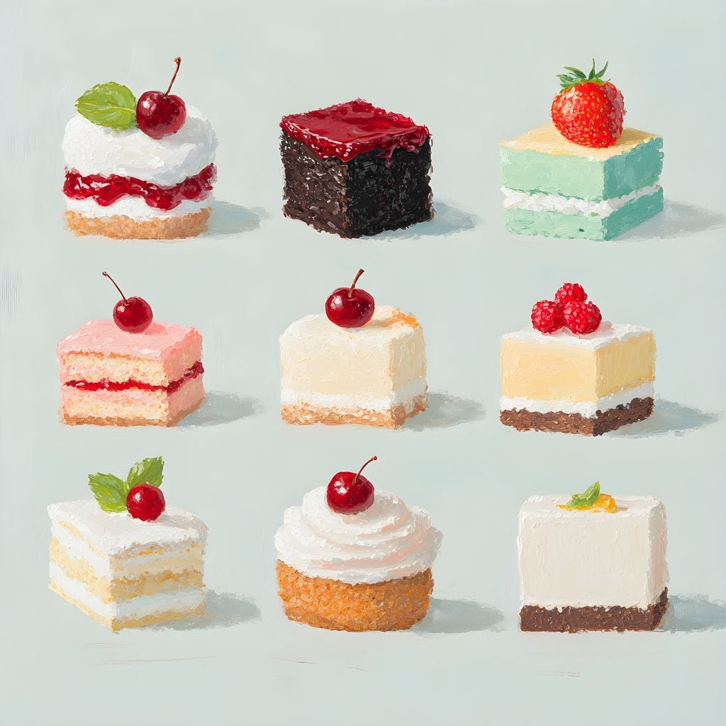 tablou canvas cu multe prajituri, ornate cu frisca si fructe rosii, pe un fundal albastru pastelat