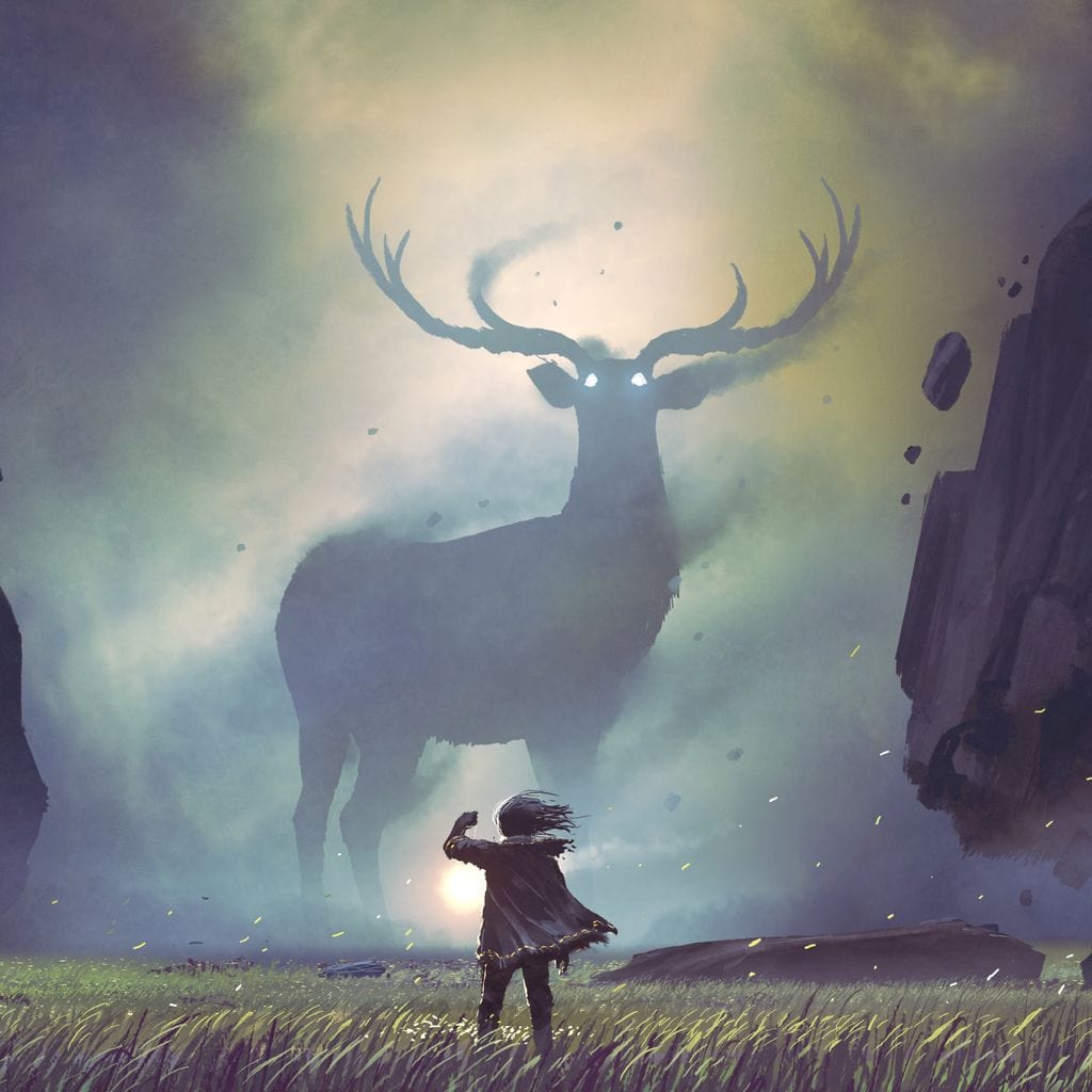 tablou canvas cu o silueta de copil in fata unui cerb urias, intr-un peisaj mistic cu stanci plutitoare