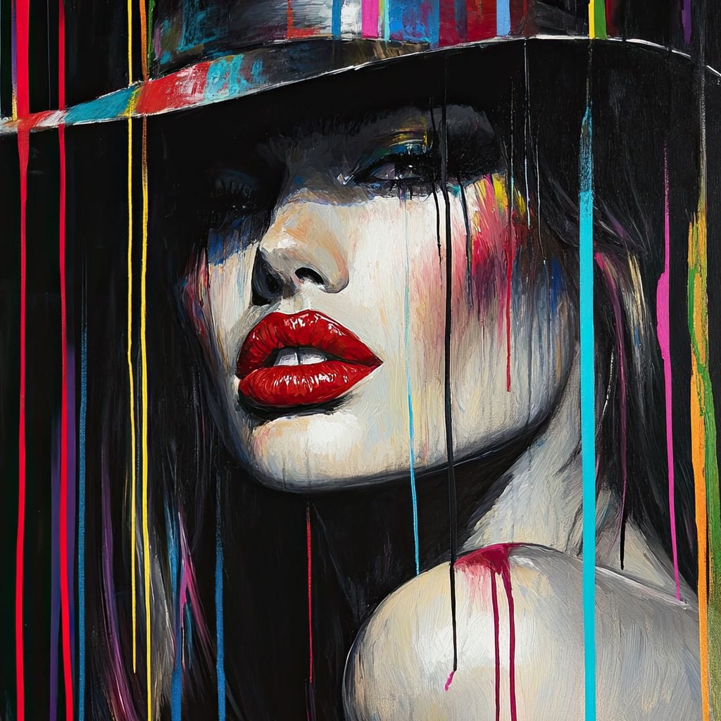 Tablou Canvas Premium, LuxCanva® G1099, Drama Culorilor, Glam, Neon, Buze, Rosii, Excentric, Gratii, Palarie, Portret, Feminism, Living, Dormitor