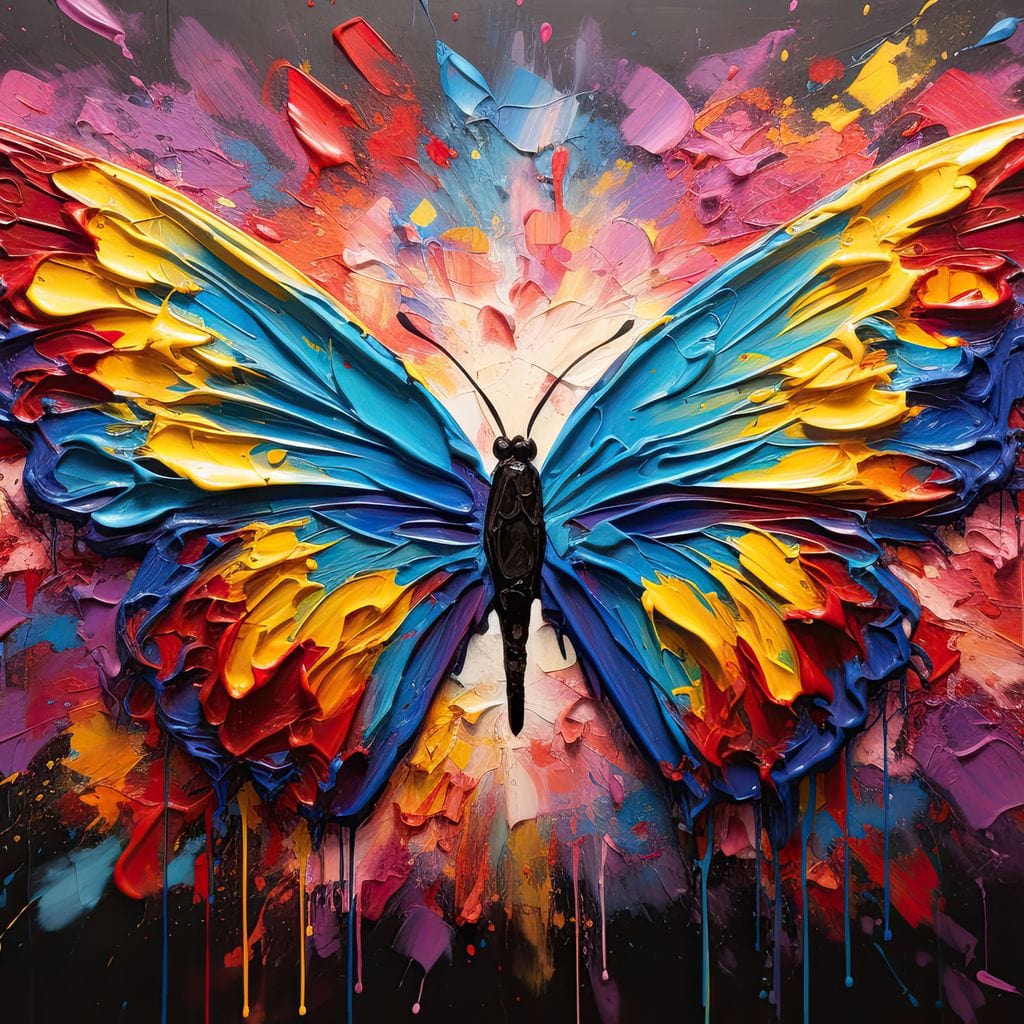 tablou canvas cu un fluture multicolor in explozie de culori vibrante, in stil pictura
