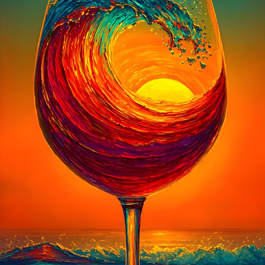 tablou canvas cu un pahar de vin rosu in valuri, pe o plaja la apus de soare