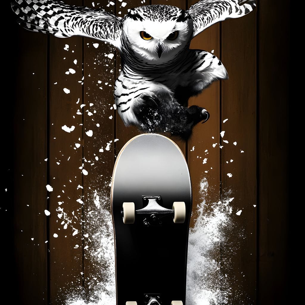 tablou canvas cu o bufnita alba in zbor spectaculos pe un skateboard