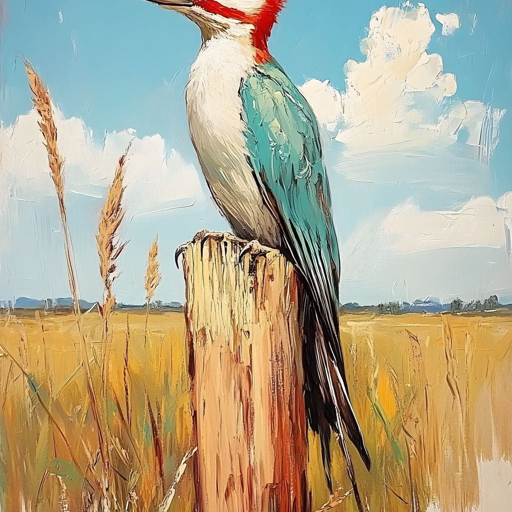 tablou canvas cu o ciocanitoare pe un stalp de lemn, intr-un peisaj rustic de campie