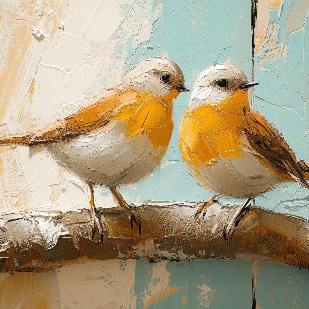 tablou canvas cu doua pasari galbene pe o ramura pe fundal texturat in stil pictura
