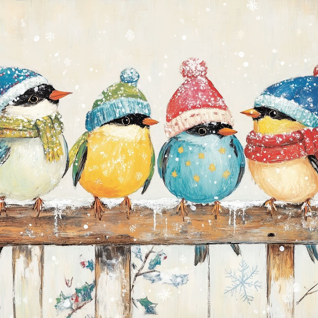 Tablou Canvas Premium LuxCanva® D1045, Moda Iernii pentru Inaripati , Vrabiute, Iarna, Prieteni, Zapada, Discutii, Living Room, Culori vibrante