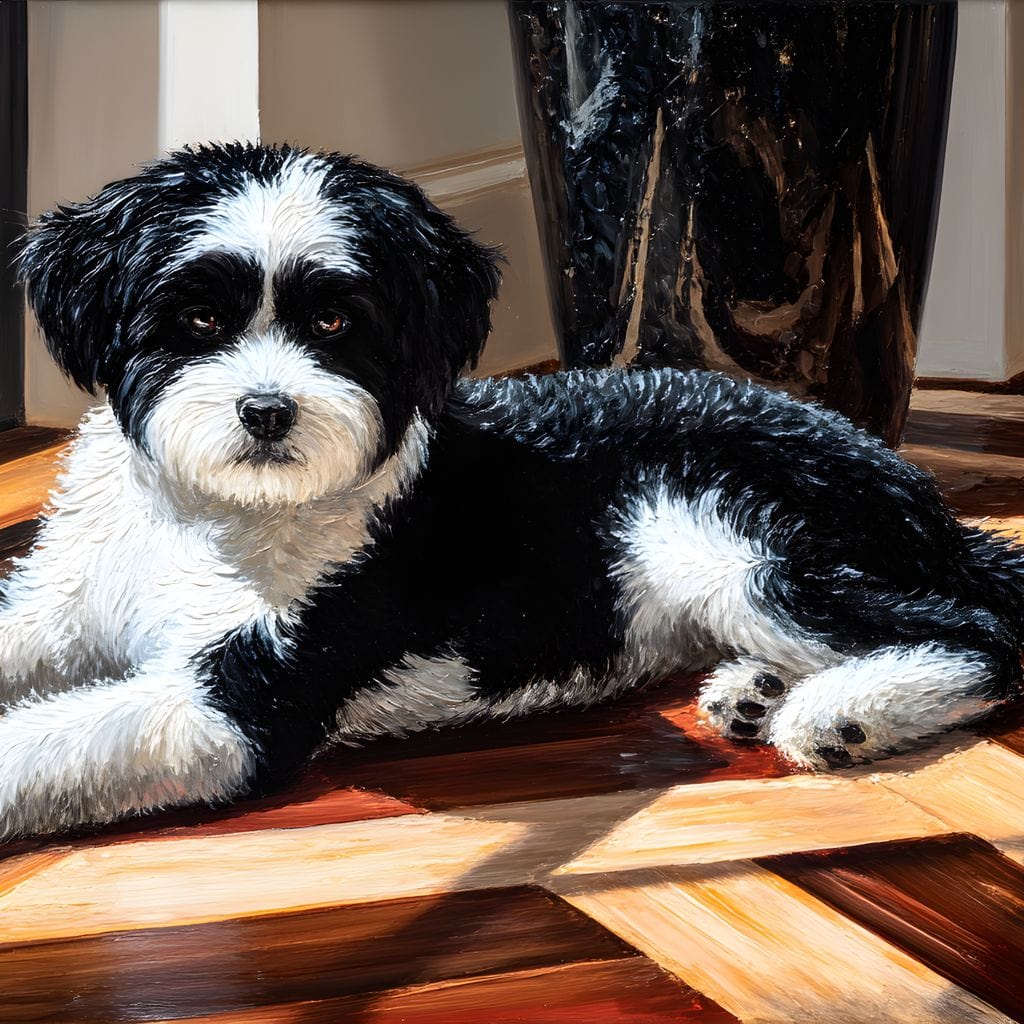 tablou canvas cu un caine alb si negru, pufos si relaxat pe un parchet lucios texturat, intr-o lumina calda de interior