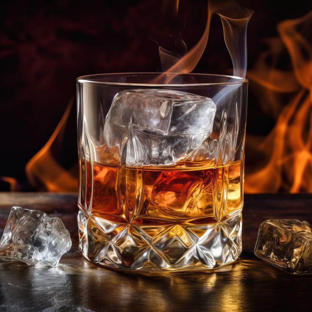 tablou canvas cu un pahar de whisky, langa doua cuburi de gheata pe fundal cu flacari de semineu