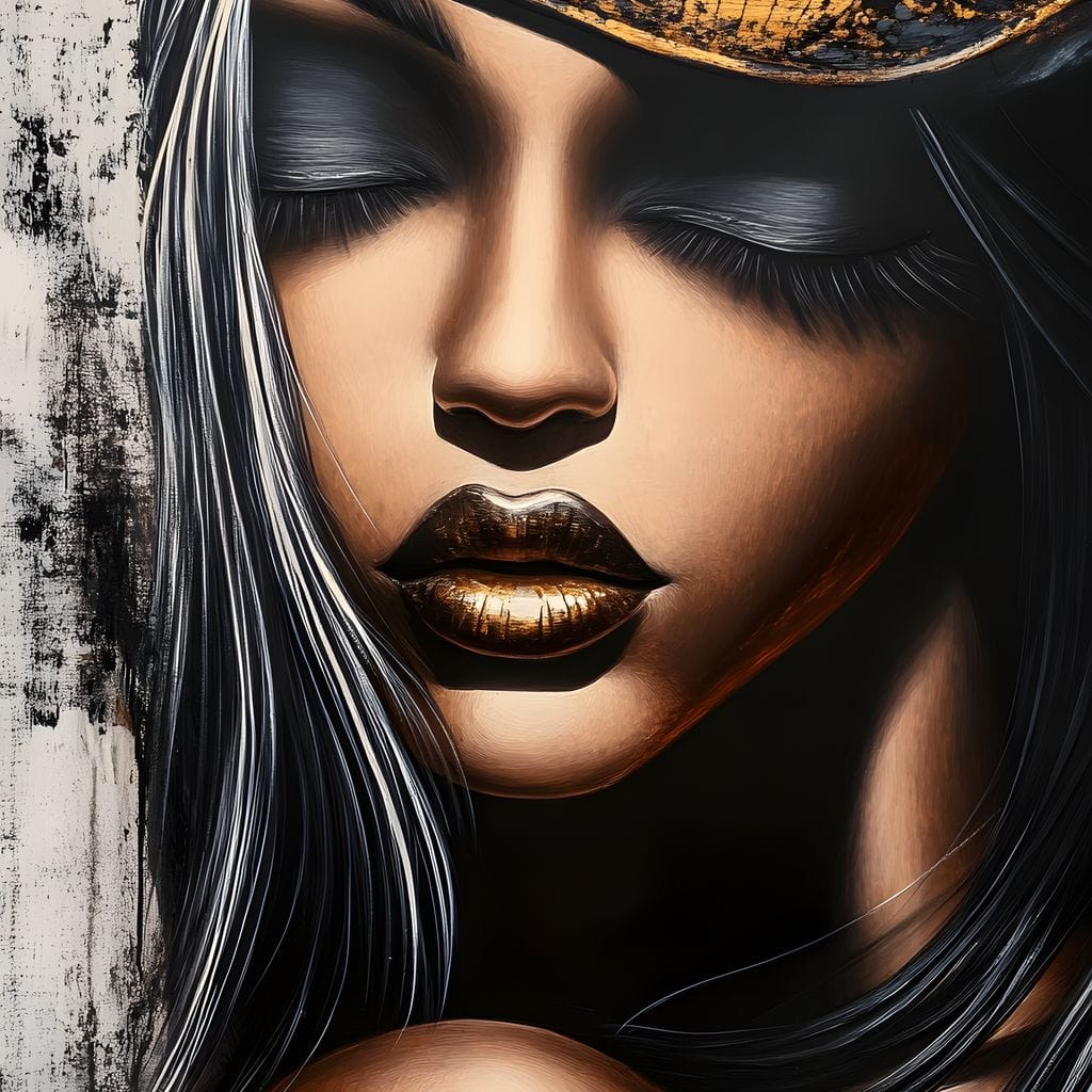 Tablou Canvas Premium, LuxCanva® G1184, Linistea Reginei, Imperial, Tacere, Aur, Meditatie, Regat, Coroana, Sclipire, Buze, Mister, Estetica, Opulenta, Lux, Birou, Living, Dormitor