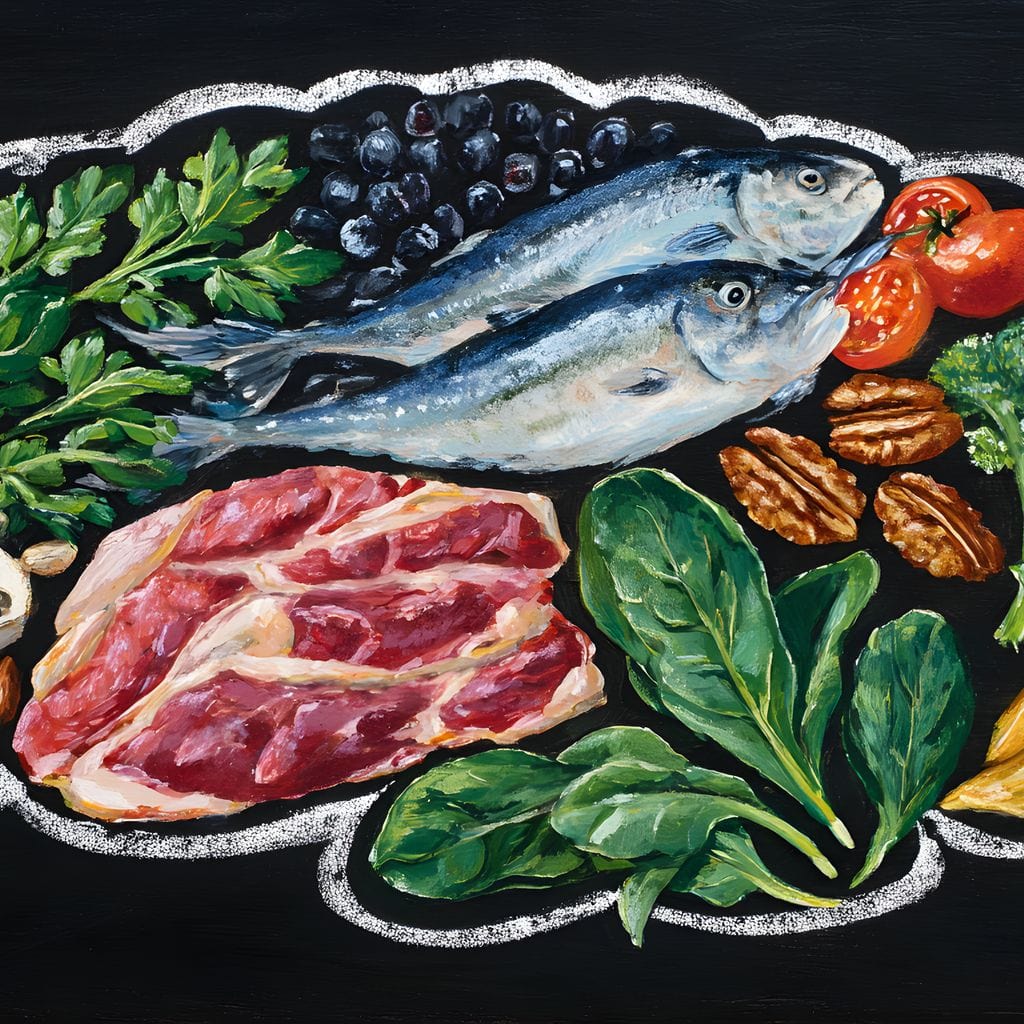 tablou canvas cu diverse legume, fructe si carne, pe fundal intunecat, incadrate armonios intr-o forma trasata cu alb