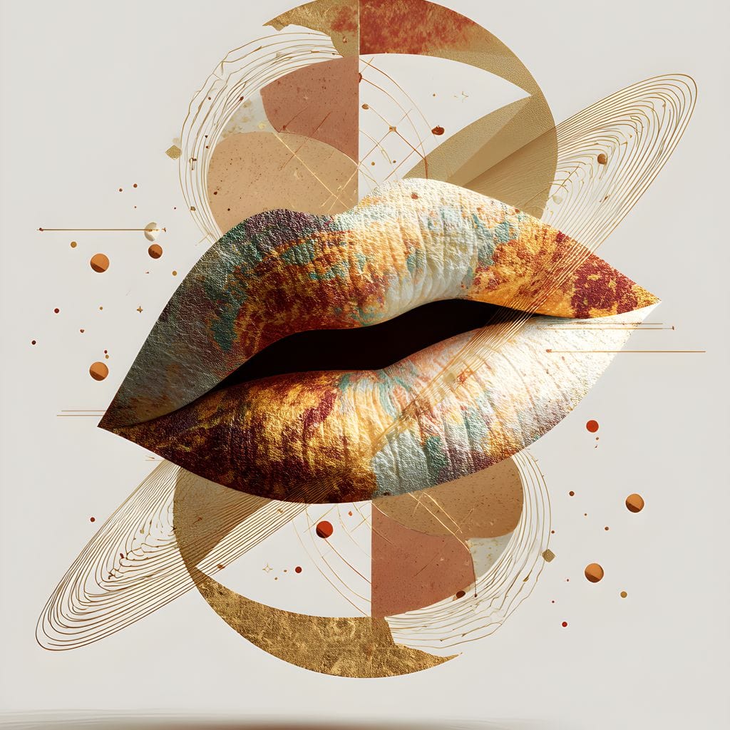 Tablou Canvas Premium, LuxCanva® G1234, Sarutul Universului, Auriu, Vibratie, Tacere, Univers, Geometric, Modern, Futurist, Design, Estetic, Spatial, Colaj, Energie, Feminism, Salon, Living, Dormitor