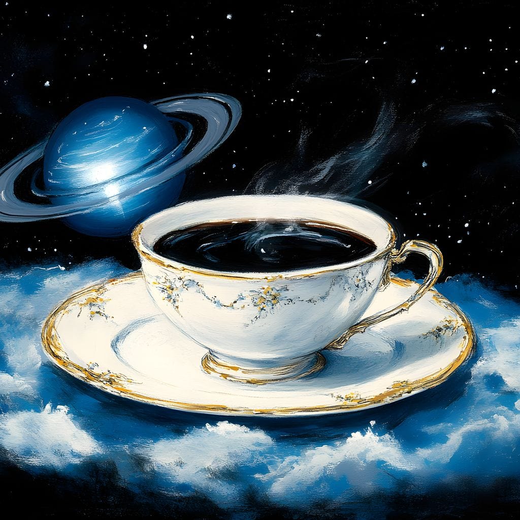 tablou canvas cu o ceasca de cafea plutind pe nori albi, pe fundal cosmic cu stele si o planeta albastra cu inele