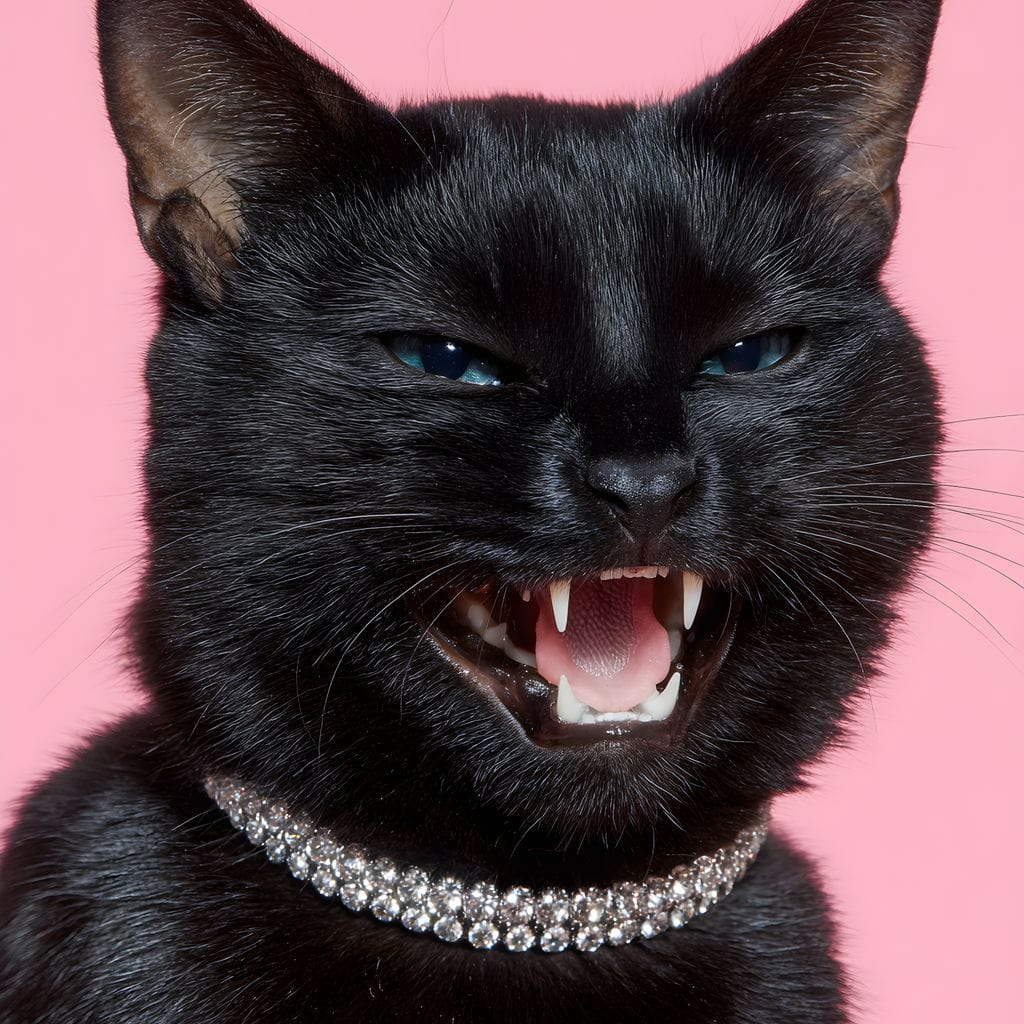 tablou canvas cu o pisica neagra cu un colier cu diamante, pe fundal roz pastelat