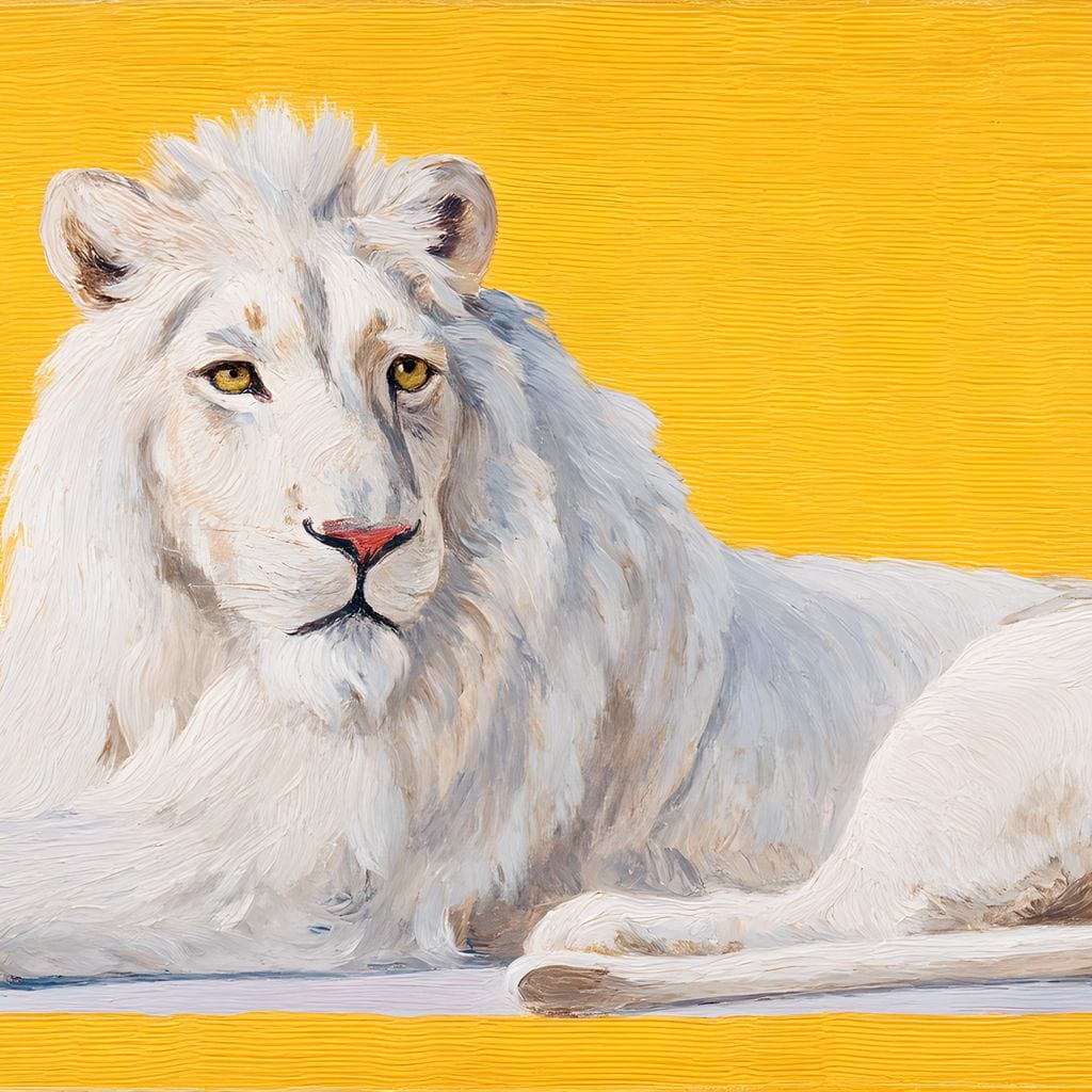 tablou canvas cu un leu alb asezat relaxat pe fundal colorat in galben si albastru