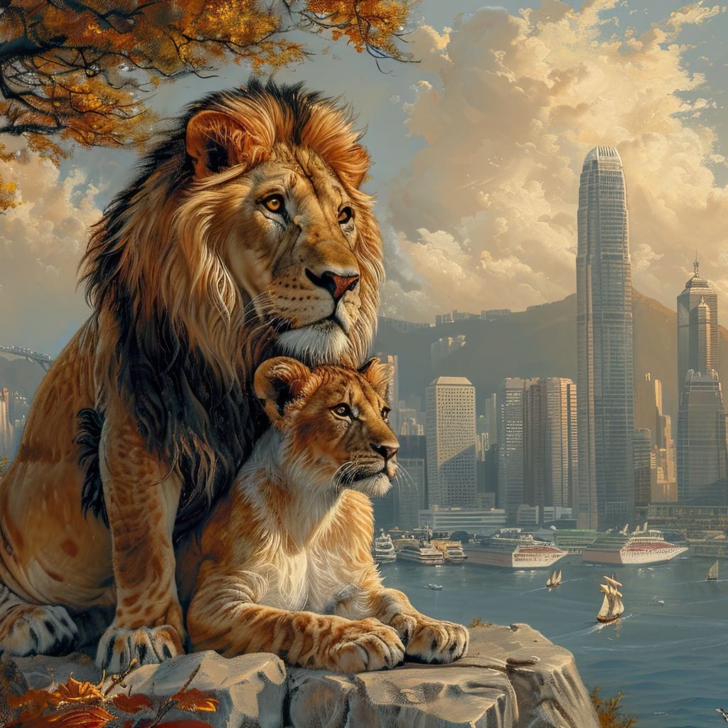 tablou canvas cu un leu si o leoaica privind in zare sub un copac, pe fundal urban cu apa si cladirile unui oras