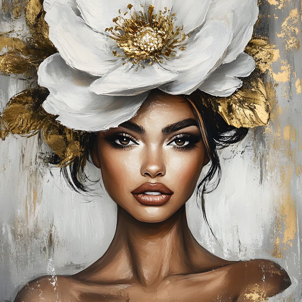 Tablou Canvas Premium, LuxCanva® G1142, Zeita Primaverii Eterne, Regina, Flori, Noblete, Aur, Puritate, Atemporal, Gratie, Aura, Senzualitate, Delicatete, Birou, Living