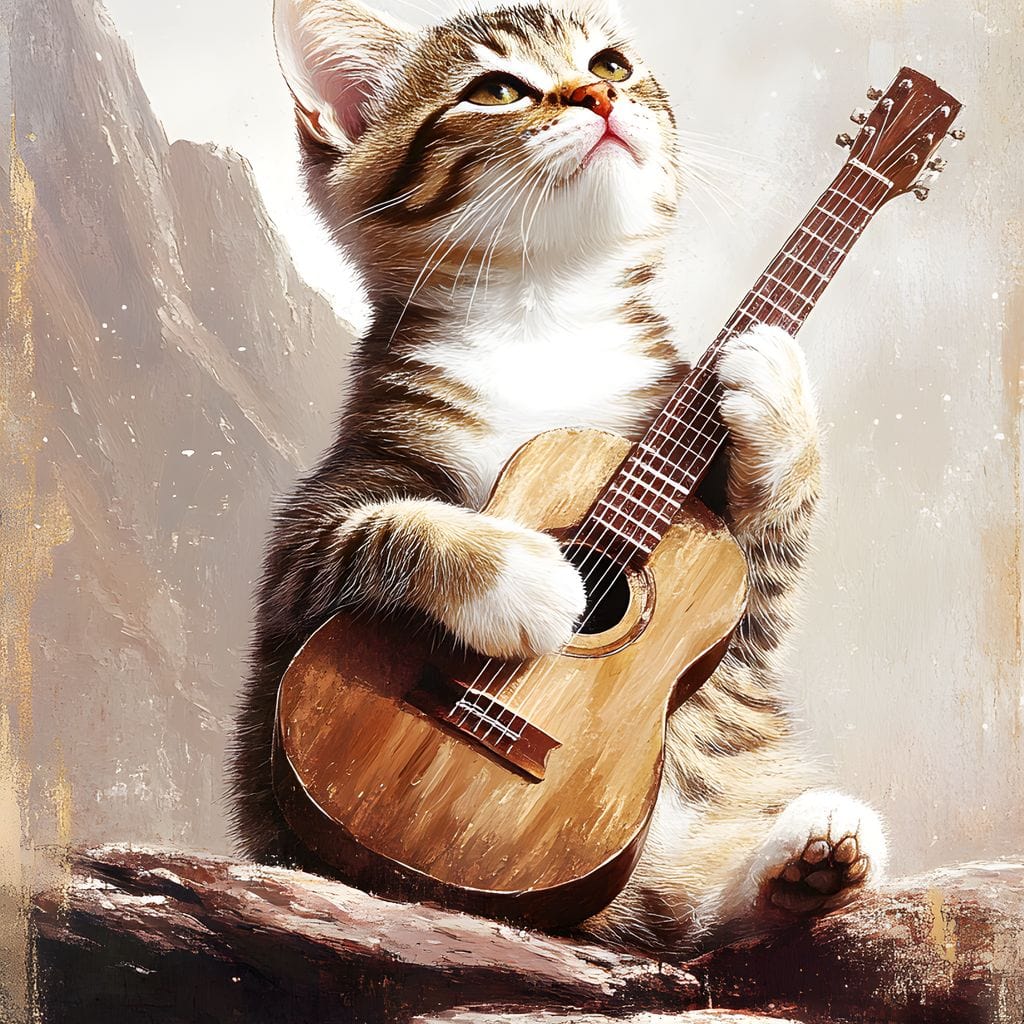 tablou canvas cu un pui de pisica cantand la o chitara, pe o stanca, pe fundal montan in ceata