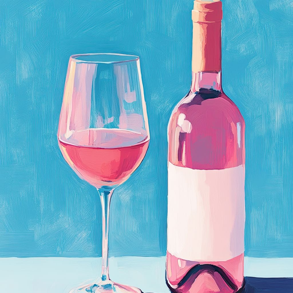 tablou canvas cu o sticla si un pahar de vin rose, pictate pe fundal albastru pastelat