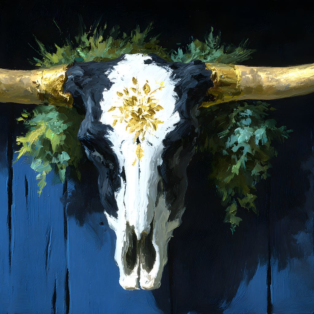 tablou canvas cu un craniu de taur, cu coarne aurii, pe fundal albastru