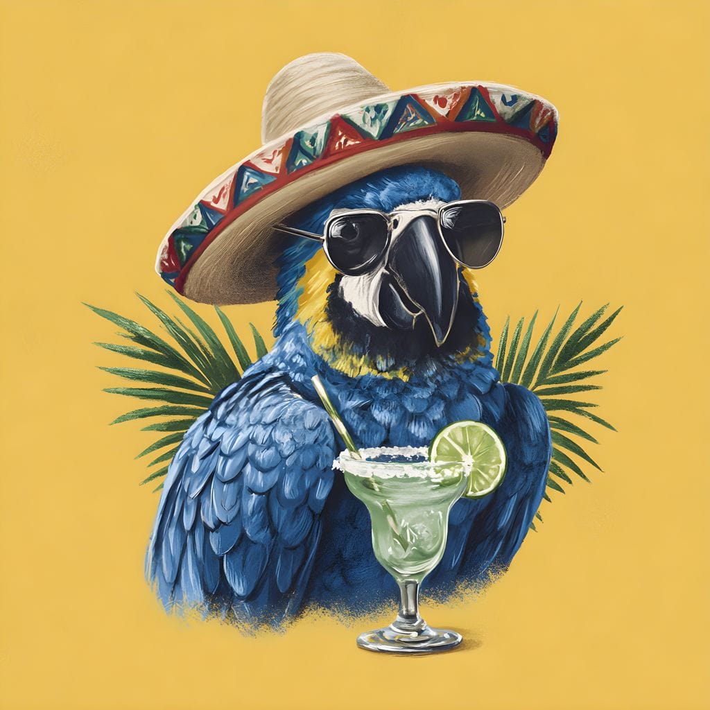 tablou canvas cu un papagal exotic, cu o palarie sombrero, ochelari de soare si un cocktail tropical, pe fundal galben