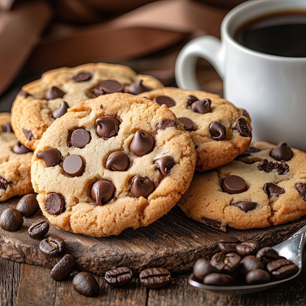 tablou canvas cu prajituri americane cu bucati de ciocolata, o cafea espresso si o lingura plina cu boabe de cafea proaspete, pe un suport de lemn