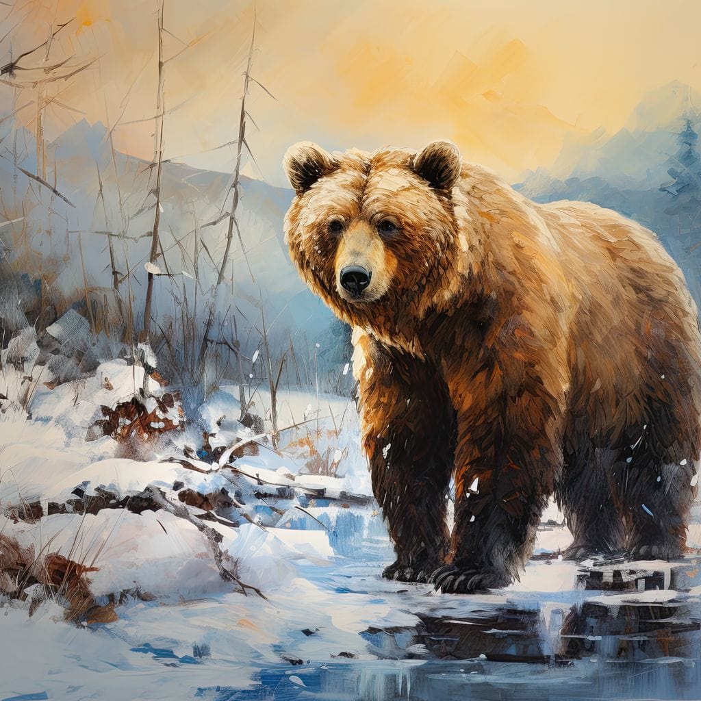 tablou canvas cu un urs intr-un peisaj montan de iarna