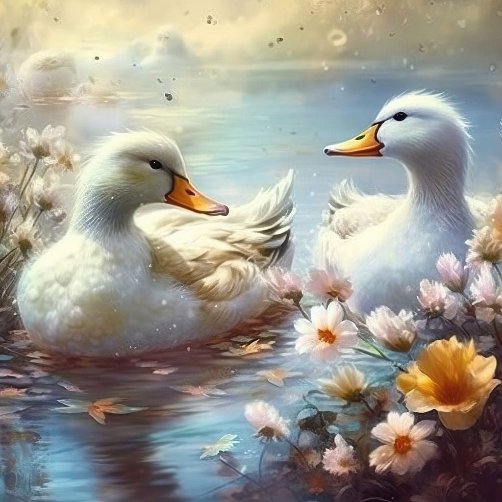 tablou canvas cu doua ratuste plutind pe lac, inconjurate de flori colorate