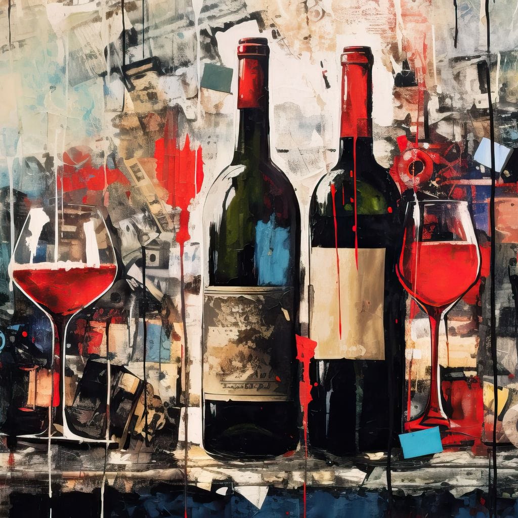 tablou canvas cu doua sticle si doua pahare de vin rosu, pictate in stil graffiti pe fundal urban abstract