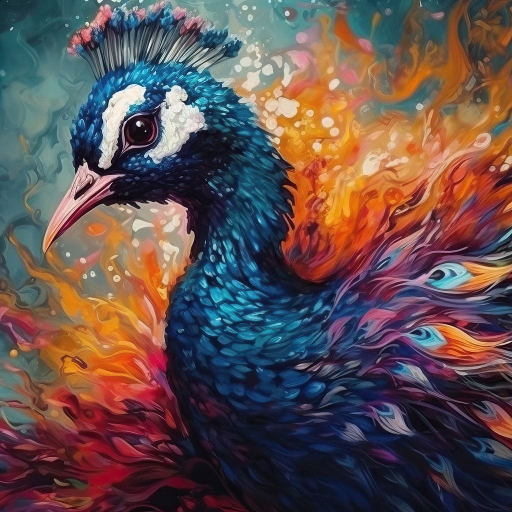 tablou canvas cu un paun redat in culori calde, pe fundal pictat abstract