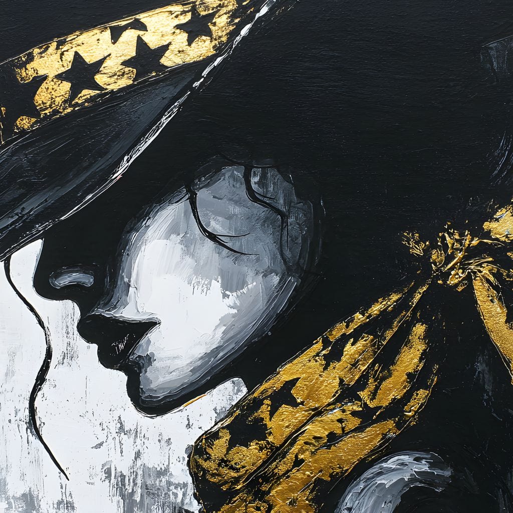 Tablou Canvas Premium, LuxCanva® G1194, Femeia cu Palarie Stelara, Auriu, Negru, Enigma, Stele, Glamour, Western, Esarfa, Abis, Ecou, Nocturna, Frumusete, Birou, Living, Dormitor