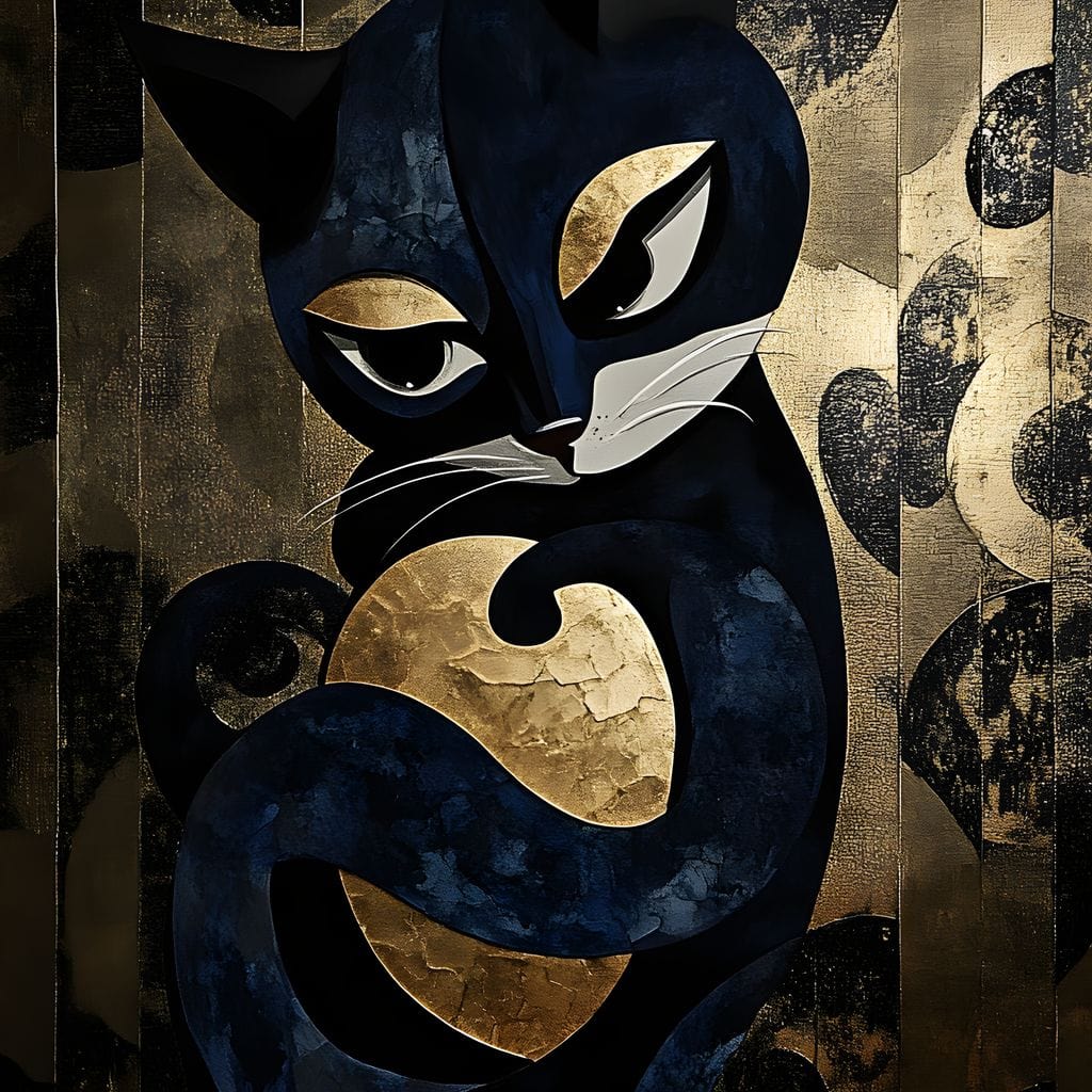 tablou canvas cu o pisica stilizata in tonuri de albastru si auriu, pe fundal texturat metalic cu forme circulare si linii