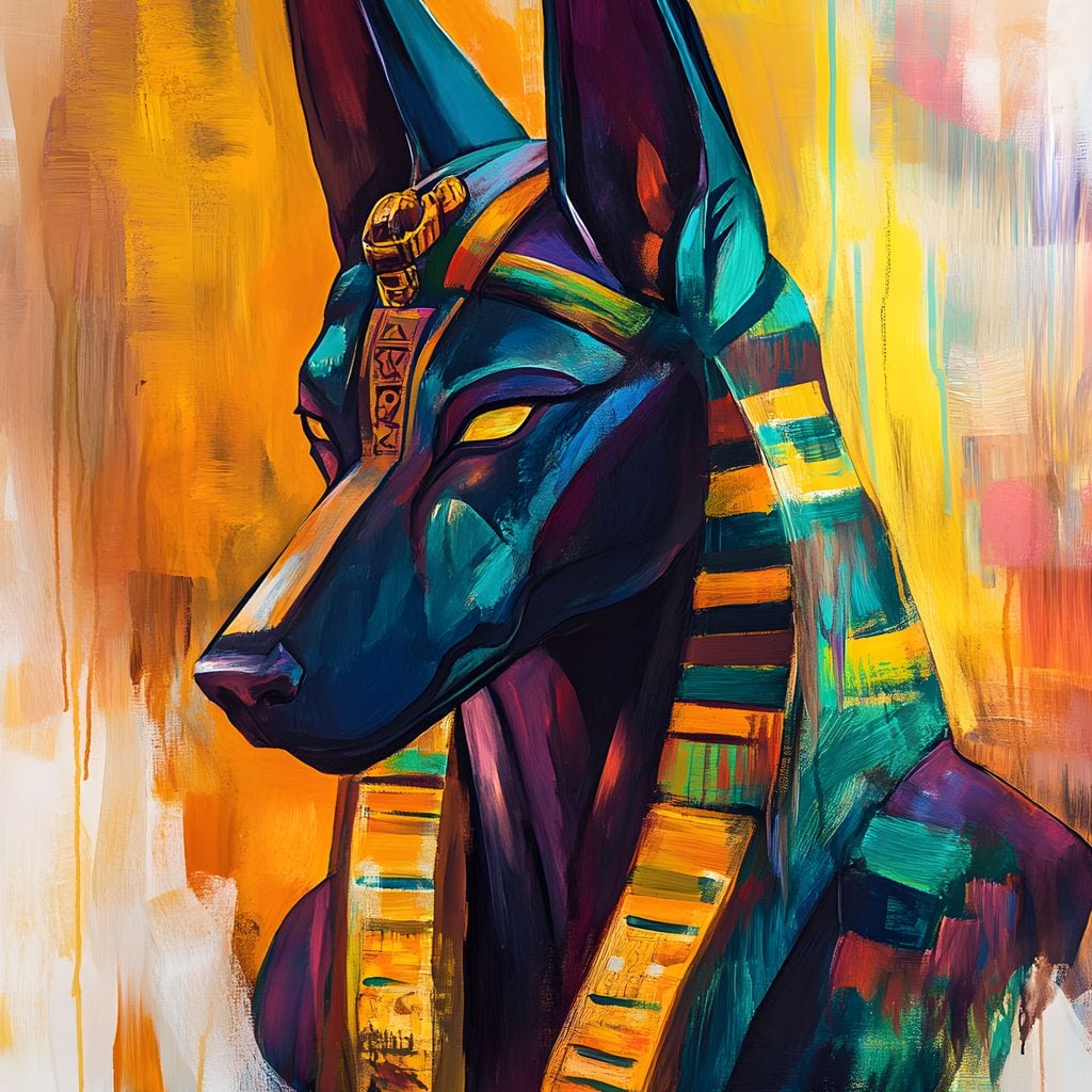 tablou canvas cu portretul zeului egiptean Anubis, reinterpretat modern in nuante vibrante de albastru regal, auriu si mov, p