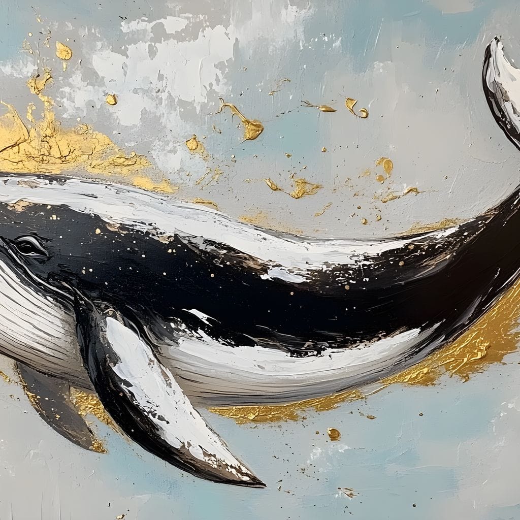 tablou canvas cu o balena pictata in alb si negru, pe fundal abstract deschis cu accente aurii