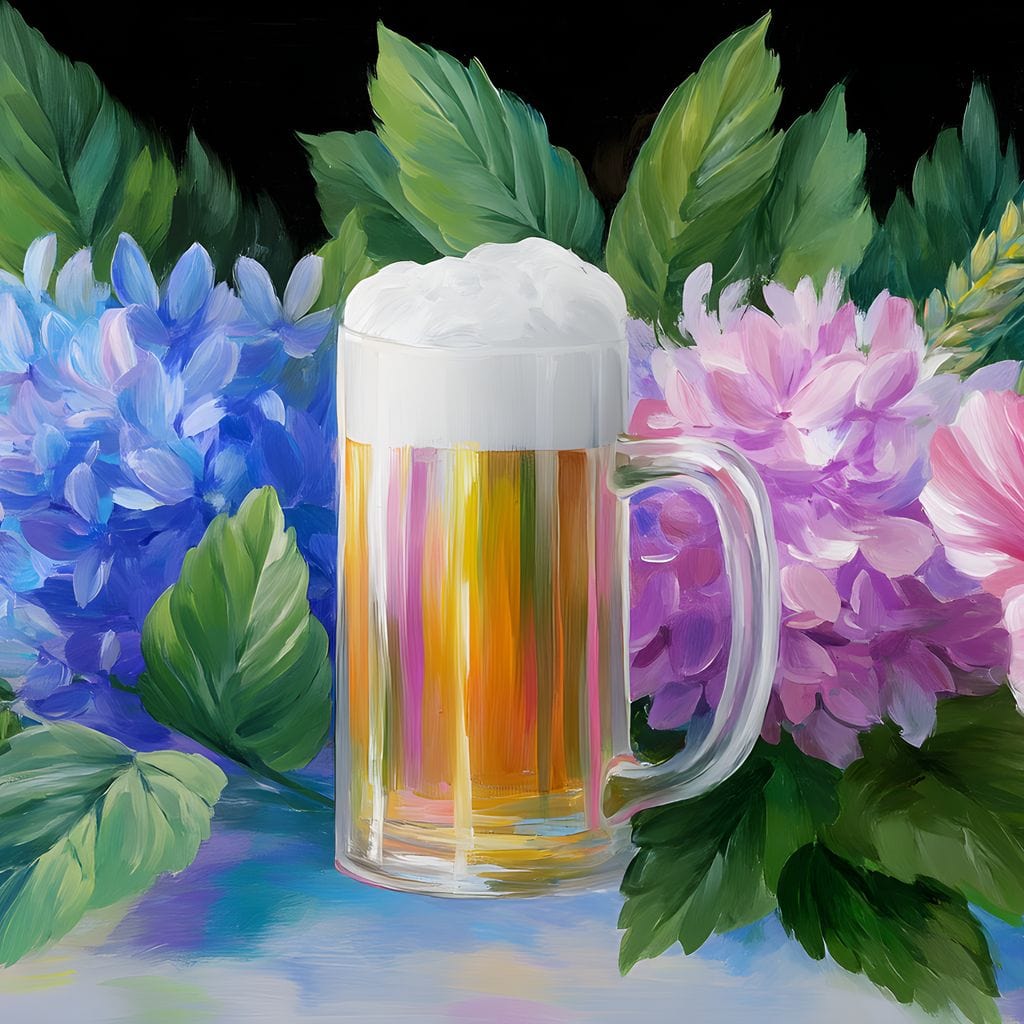 tablou canvas cu o halba de bere cu spuma, printre flori multicolore si flori de hamei, pictate pe fundal negru