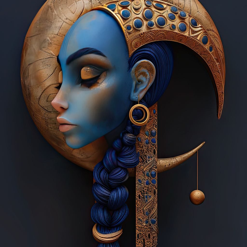 Tablou Canvas Premium, LuxCanva® G1108, Femeia Cosmica, Luna, Safir, Albastru, Univers, Regal, Spirit, Noapte, Mistic, Fantasy, Living, Dormitor