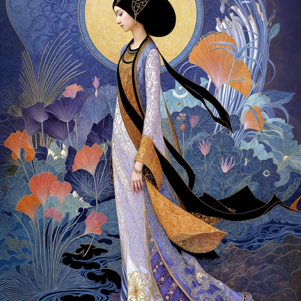 Tablou Canvas Premium, LuxCanva® G1145, Regina Gradinii Lunare, Lady, Luna, Flori, Eleganta, Oriental, Lotus, Rafinat, Art Nouveau, Mistic, Visare, Plimbare, Birou, Living